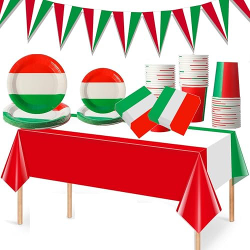 Suministros de fiesta de bandera italiana, juego de vajilla de fiesta con bandera italiana, platos, tazas, servilletas, mantel rojo, blanco y verde, recuerdos de fiesta, reunión familiar, cocina,