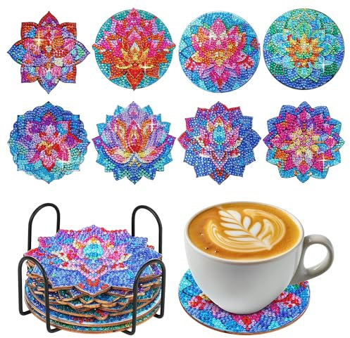 Kssvzz 8 Stück Diamond Painting Untersetzer mit Haltern, DIY Tassenuntersetzer Diamond Painting Set, Diamond Painting Coasters für Kinder, Erwachsene