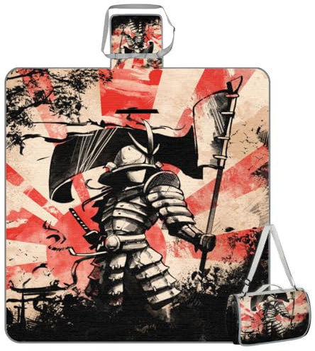 WowPrint Picknickdecke mit japanischer Samurai-Flagge, 150 x 145 cm, Japan, faltbar, Outdoor-Stranddecke, wasserdichte Matte für Familie, Strand, Camping, Wandern, Picknick