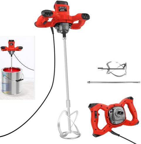 VickyHome Électrique Malaxeur, 2600W 240V Malaxeur Mortier Colle 1700r/Min 6 Vitesses Mélangeur Peinture Melangeur Beton, M14 Barre Spirale Chromée, Balai De Charbon, Rouge