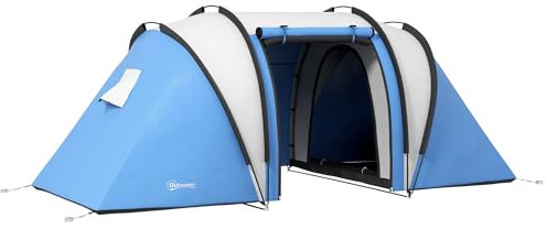 Outsunny Tenda da Campeggio 4-5 Posti con 2 Stanze e Borsa di Trasporto, Tenda a Tunnel Familiare Impermeabile 3000 mm, 220x450x180 cm, Blu