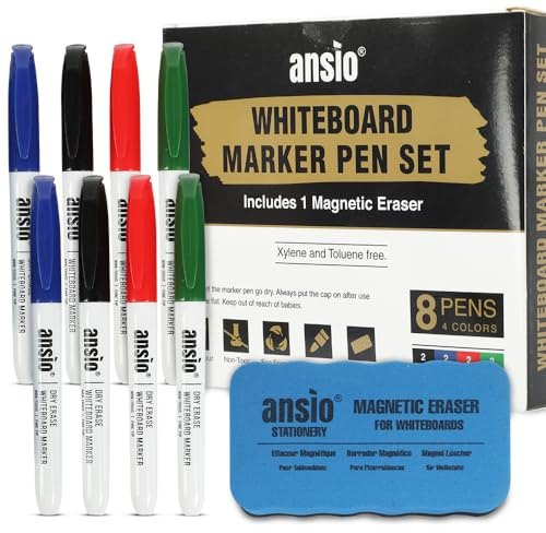 ANSIO Whiteboard Pens, Pack of 8 Dry Wipe Markers with Magnetic Eraser