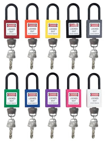 10 Stück Lockout Vorhängeschloss, 38mm Nylon-Sicherheits-Vorhängeschloss mit Schlüssel, Lockout-Schloss für Lock Out Tag Out Stationen und Geräte (10 Farben)