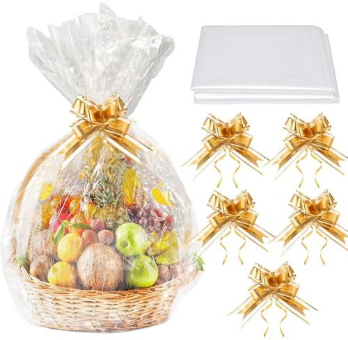 QEDBOJE Set di sacchetti grandi in cellophane (5 pezzi), per regali, cesti regalo, fiori, artigianato, dolcetti, matrimoni, con 5fiocchi e lacci, bouquet natalizi (60×90 cm)