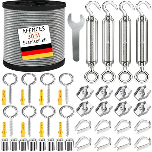 AFences Câble en Acier Inoxydable 304 2mm x 30m avec Revêtement PVC - Tendeur M5 et Crochet Œil - Pour Linge, Plantes Grimpantes, Balcon, Luminaires Suspendus