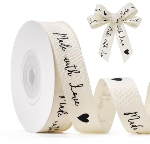 Naturfarbe, 1,6 cm x 9,1 m, Geschenkband, bedruckt mit Liebe, individuelles einfarbiges Baumwollband, für Geschenkverpackung, Jubiläumsdekoration, Dankeschön-Geschenkverpackung.