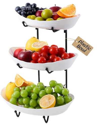 HOMKULA Obstschale für Küchentheke – 3-stöckige Kunststoff-Servierschalen mit Metallständer, gestufter Obstkorb für Obstgemüse, Snacks, Nüsse, Kuchen, Dessert, klein und niedlich (schwarz)