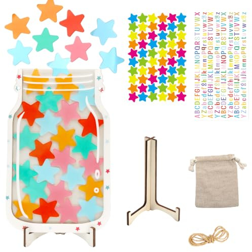 FcaecY Belohnungsglas Kinder Magnetisch, Belohnungssystem Glas mit Sternen, Belohnungsglas Klassenzimmer mit Holzhalter und Eine Packung Stern Aufkleber für Haus, Schule und Töpfchentraining