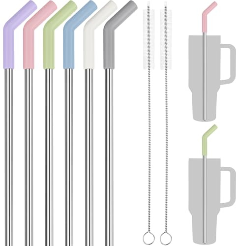 ToVii40oz Straws Reusable,12 Inch Stainless Steel Straw with Silicone Extender Tip for Stanley Cup Accessories 6-Pack with 2 Brushes,0.4 Diameter Straws Food Grade BPA-Free Colorful Set