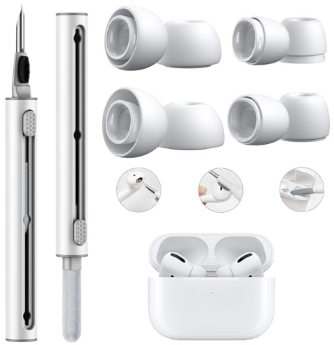 Ruayia 4 Paar Ersatz-Ohrstöpsel fur AirPods Pro/AirPods 2, Silikontips Aufsätze, 3 in 1 Reinigungsset mit Cleaner Stift, Silikontips mit Aufbewahrungsbox, 4 Größen (XS/S/M/L) - Weiß