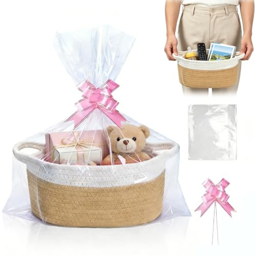 Präsentkorb Leer Oval Geschenkkorb mit Geschenktasche und Band (Khaki-Weiß) | Baumwollseil, Weich, Faltbar, Wiederverwendbar für Hochzeit, Geburtstag, Babyparty und Einweihung
