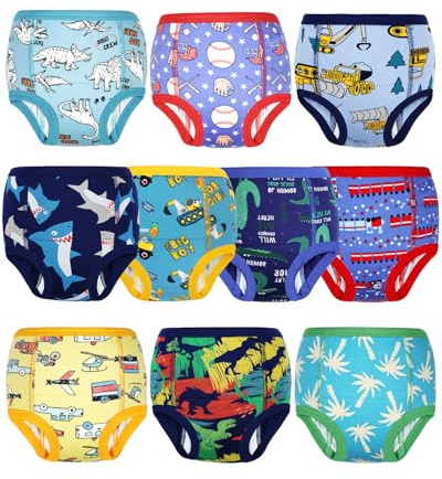 FLYISH DIRECT Culottes Apprentissage 100% Coton, Lot de 10 slip d apprentissage pour Garçons et Filles, Culotte Absorbants Enfant, Réutilisables et Lavables, Mélange Dinos et Véhicules, 6 ans
