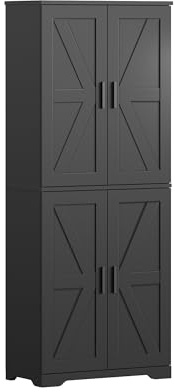 4 Doors Storage Kitchen Cupboard, Wooden Collection Food Pantry Cabinet with 4 Adjustable Shelves Freestanding Sideboard Organizer Unit for Living Room, Bedroom, Kitchen and Hallway (Black)