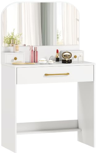 HOMCOM Schminktisch mit Bogenspiegel 3 Schubladen 80 x 40 x 135 cm Weiß | Frisiertisch, Moderner Kosmetiktisch, für Schlafzimmer, Kleine Räume