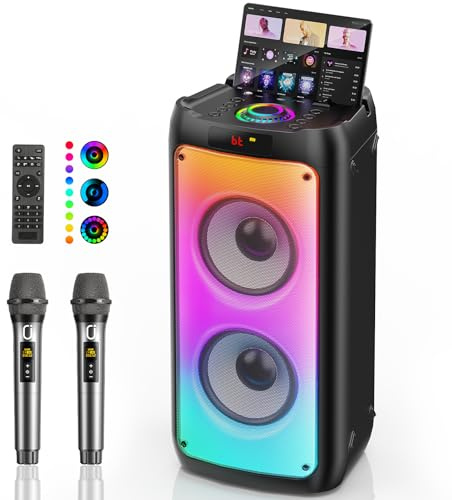 HWWR Karaoke 2 Micrófonos Inalámbricos, Altavoz Karaoke Profesional Bluetooth 5.3, RGB Luces, IPX4 Impermeable, Karaoke Portátil con TF/USB/AUX/TWS para Fiestas, Adultos y Regalos