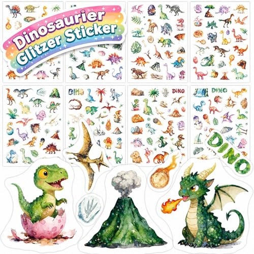 EvanMader 8 Blätter Glitzer Dinosaurier Aufkleber | Funkelnde Dino-Sticker mit Glanz-Effekt, ideal für Tagebücher, Briefe & kreative Dekorationen