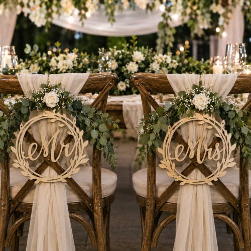 2er Set Stuhlschilder Hochzeit – Braut & Bräutigam aus 4 mm starkem Holz – Mr & Mrs – Stuhl Dekoration für Hochzeitsstühle – Hochzeitsdeko, Foto Requisiten, Dekoration für Trauung & Feier (Kranz2)