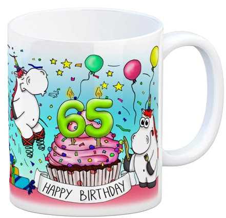 Honeycorns Tasse zum 65. Geburtstag mit Muffin und Einhorn Party