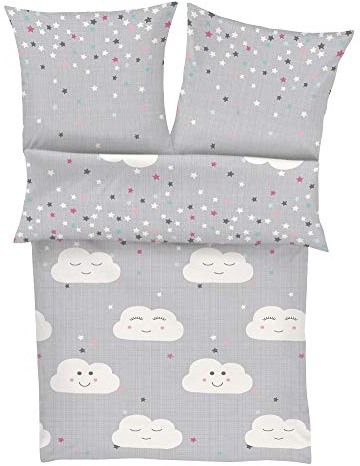 s.Oliver Kinderbettwäsche Wolke 100x135 cm - 100% Baumwolle, praktischer Reißverschluss & maschinenwaschbar, Bettwäsche für Kinder 2tlg. Wölkchen & Sterne grau