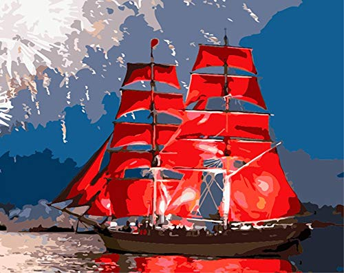 ABEUTY Malen nach Zahlen für Erwachsene Anfänger – Himmel und maritimes rotes Segelboot 40,6 x 50,8 cm Zahlengemälde (kein Rahmen)
