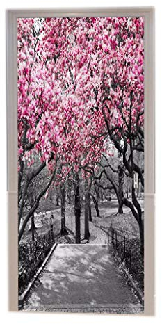A.Monamour 3D Door Stickers for Interior Doors Spring Pink Blossoms Cherry Bloom Trees Forest In Central Park New York City Landscape Picture Printed Vinyl Door Decals Door Murals for Bedroom Bathroom