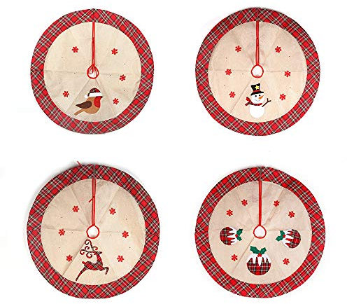 SHATCHI Skirt Snowflakes Printed Pattern Burlap Hessian Linen Xmas Tree Base Cover Floor Mat Holiday Home Decorations Reindeer/Snowman/Robin/Christmas Pudding, 86cm