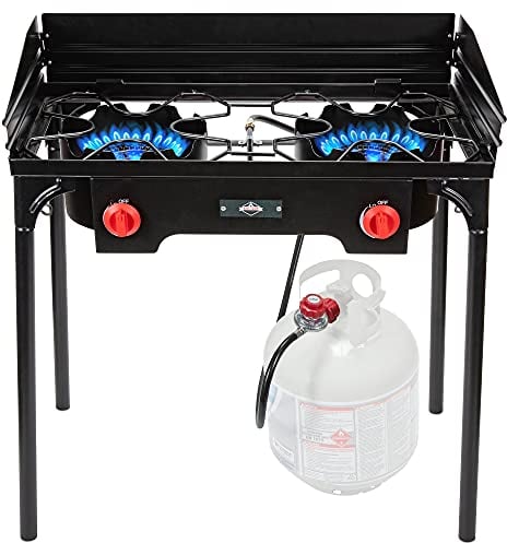 Hike Crew Gaskocher Camping aus Gusseisen mit Doppelbrenner | 150.000 BTU tragbarer Propangasherd mit Blauer Flammenregelung, abnehmbaren Beinen, Temperaturregelknöpfen, & und mehr