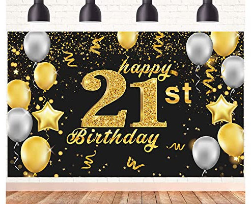 Happy 21st Birthday Banner,21st Birthday Decorations Black Gold,Party Backdrop Banner Fabric Banner.for Men Women 21stBirthday Photo Backdrop,Photography Background,Outdoor Garden Table Wall Decor