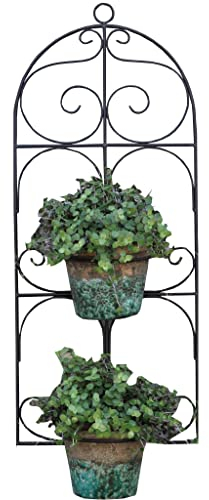 Gardenesque Black Metal Wall Mounted Planter, Decorative Scroll Design Two Plant Pot Holder, Perfect Outdoor Garden Gift - H70 x W29 x D16 cm