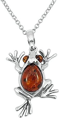 Kiara Jewellery Halskette mit Frosch-Anhänger Sterling-Silber 925 mit braunem baltischen Bernstein auf 45,7 cm langer Kette aus Sterlingsilber