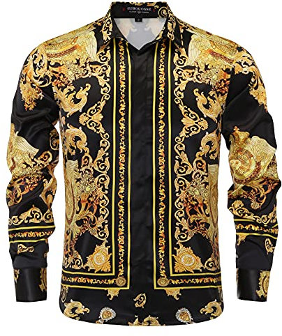 GSBOGOSSE Mens Luxury Brand Printed Silk Like Satin Button Down Dress Shirt for Party Prom Long Sleeve Slim Fit Floral Nightclub Shirt, Multicolored16, XL