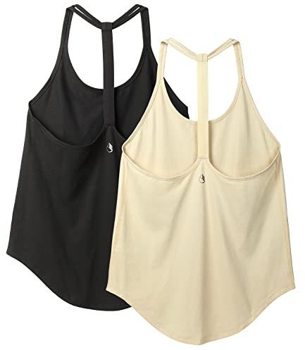 icyzone Workout Tank Tops for Women - Gym Yoga Shirts, T-Back Sport Running Tank Top, 2-Pack (L, Black/Cream White)