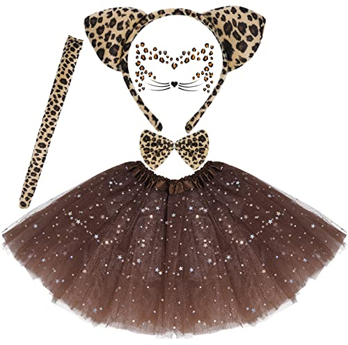 Dxhycc Cat Costume Leopard Cat Ears Headband Tail Bowtie Tutu and Leopard Face Sticker for Halloween Dress Up