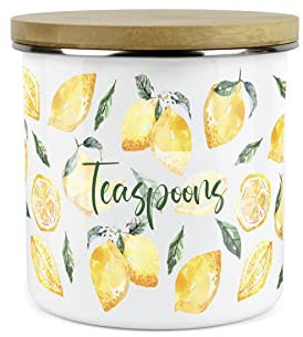 Purely Home Painted Lemons Teaspoons Canister - White Metal Enamel Kitchen Food Storage Container