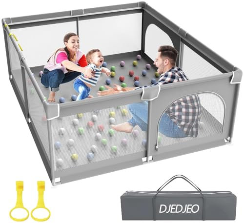 DJEDJEO Laufgitter 150x180cm, Faltbarer Baby Laufstall Mit Reißverschlusstür, Rutschfeste Basis, Atmungsaktives Netz an Vier Seiten, Grau