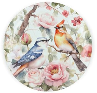 Dessous de plat rond en verre avec pieds antidérapants Motif floral oiseaux et roses 20 x 20 cm