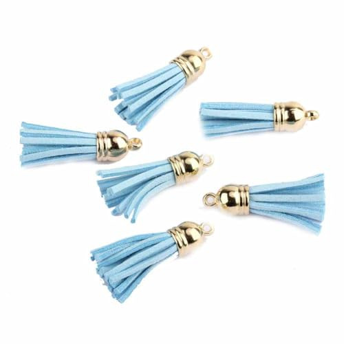 SHTGOI 20 Stück Leder Quaste 3CM Klein Wildleder Quaste mit mit Goldener Kappe Kunstleder Schlüsselanhänger Taschenanhänger Troddel Anhänger für DIY Tasche Schmuck Basteln Charm Zubehör Himmelblau