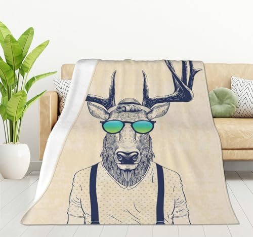 HGOD DESIGNS Hirschdecke, Hirsch, verkleidet wie cool, Hipster, Überwurf, Decke, Hirsch, Flanell, weich, warm, gemütlich, flauschig, 100 x 130 cm, Überwurfdecke für Damen und Herren
