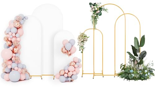 Hochzeitsbogen,Metall Bogen Gold 3 Stück mit Hochzeitsbogen Abdeckung Metallbogen Ballonbogen Gestell Hintergrund Ständer für Geburtstagsfeier Zeremonie Jubiläum Feier Hochzeit Deko Bogen