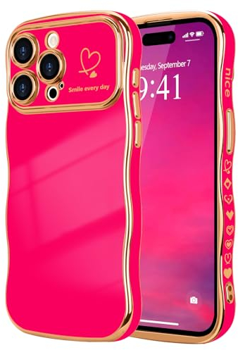 LCHULLE for iPhone 14 Pro Max Case for Women Girls,Cute Curly Wave Frame Shape Love Heart Pattern Phone Case,Raised Camera Protection Plating Shockproof Cover for iPhone 14 Pro Max 6.7,Hot Pink