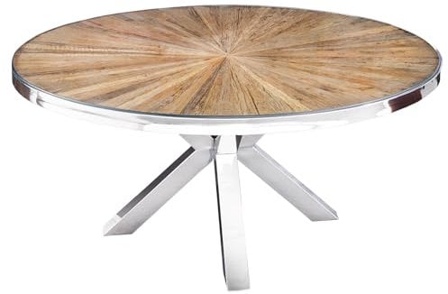Riess Ambiente Runder Esstisch Barracuda 140cm braun Teak Massivholz Glasplatte Silber Edelstahl verchromt Esszimmertisch Küchentisch