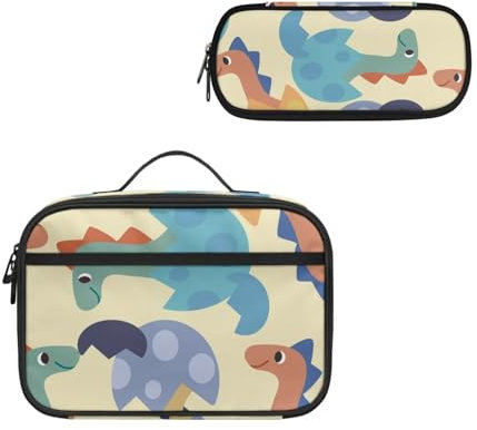 COEQINE Juego de lonchera preescolar con bonito dinosaurio para mujeres y niñas pequeñas, lonchera portátil con caja de lápices, bolígrafo portátil