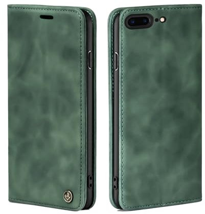 LBH Handyhülle für iPhone 7 Plus / 8 Plus in Grün mit Karten- und Geldfach Smartphone Hülle mit Standfunktion Flip Case Schutzhülle Magnetverschluss Vintage