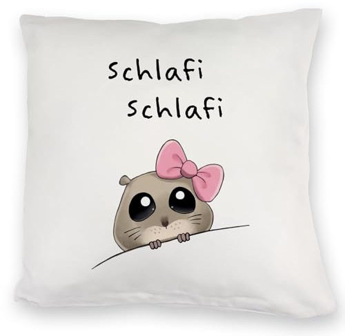 Meme Hamster Kuschelkissen mit Spruch Schlafi Schlafi Berühmt Trendy Traurige Maus mit Kulleraugen Hamstertrend Kuschelkissen