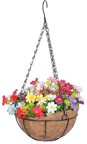 BIUDECO Artificial Flower Hanging Basket Iron Chain and Faux Flowers for Outdoor Garden Decor Winter Hanging Baskets