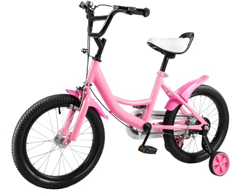 MINRS 16 Zoll Kinderfahrrad Mädchen Kinderfahrrad mit Stützräder Handbremse Klingel Schutzblech Fahrrad Kinder für ab 3-6 Jahre Höhe Einstellen Kinder Fahrrad Jungen Mädchen Kinderfahrrad; Rosa