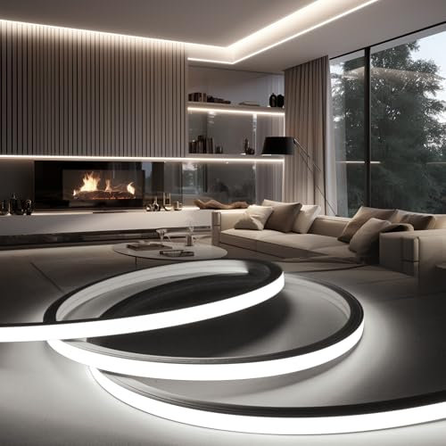 BRIMETI LED Streifen Aussenbereich 230V Neon LED Strip 5M Wasserdicht Lichtband IP65 Weiß Silikon Aussen Schlauch 120LED/M Outdoor Lichtleiste Band für Innen Heim Küche mit Netzteil