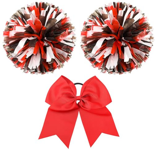 Hanaive Cheerleading-Pompons und große Cheerleader-Haarschleife, metallisches Cheerleader-Zubehör für Teamgeist, Sport, Tanzen, Jubeln (rot, schwarz, weiß, matt), 3 Stück