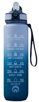 Restore 1 Litre Water Bottle, Pop Up Straw Leakproof Lock Cover BPA Free Tracker Motivational Time Marker Sports Drink Bottle For Fitness, School, Gym, Sports (Navy)