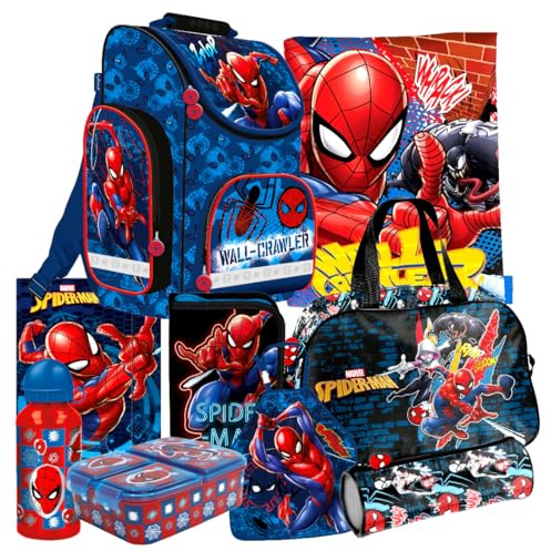 Spider man Spiderman 9 Teile Set Schulranzen Ranzen Federmappe Tornister Federtasche Malschürze Sporttasche mit Sticker-von-Kids4shop